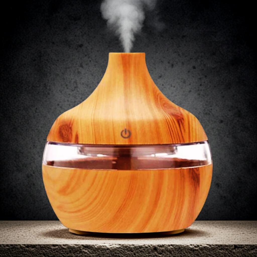 300ml Air Humidifier LED Aroma Essential Oil Diffuser wood grain humidifier for aromatherapy, light humidifying, and soothing room ambiance.