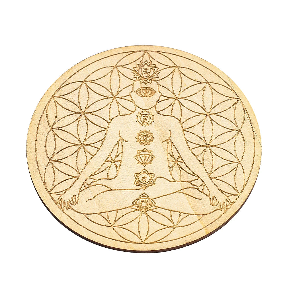 7 Chakra Flower of Life wood coaster for holding cups, protecting surfaces, and spiritual home decor use.