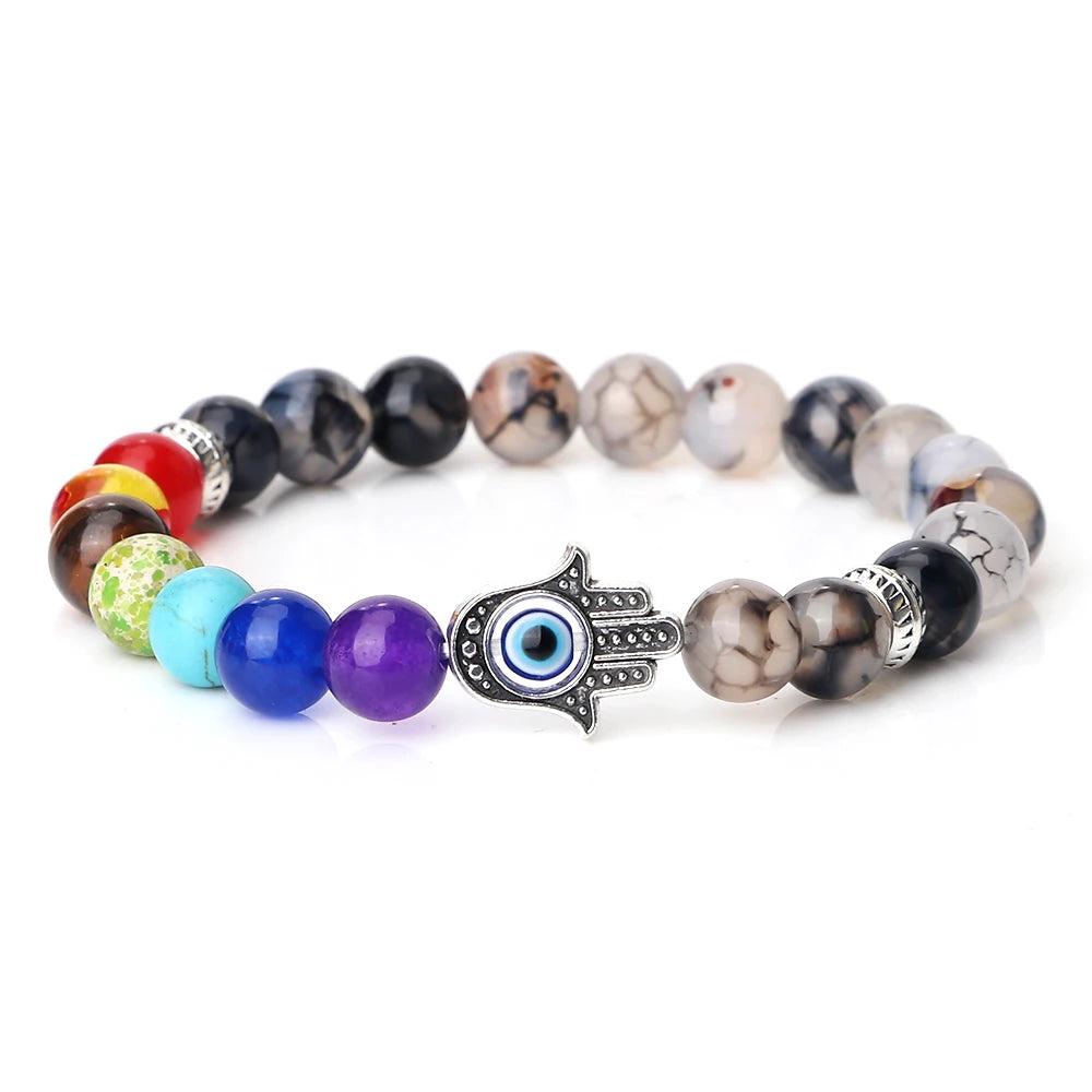 7 Chakra stretch bracelet with natural Tiger Eye, Lava, Onyx, and Agate beads for comfort, meditation, and energy balancing.
