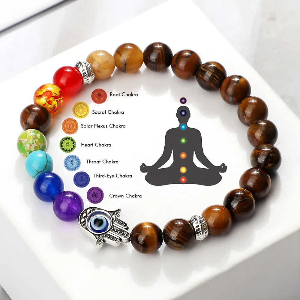 7 Chakra bracelet with Tiger Eye, Lava, Onyx, and Agate stone beads for energy balancing, meditation, and everyday spiritual wear.