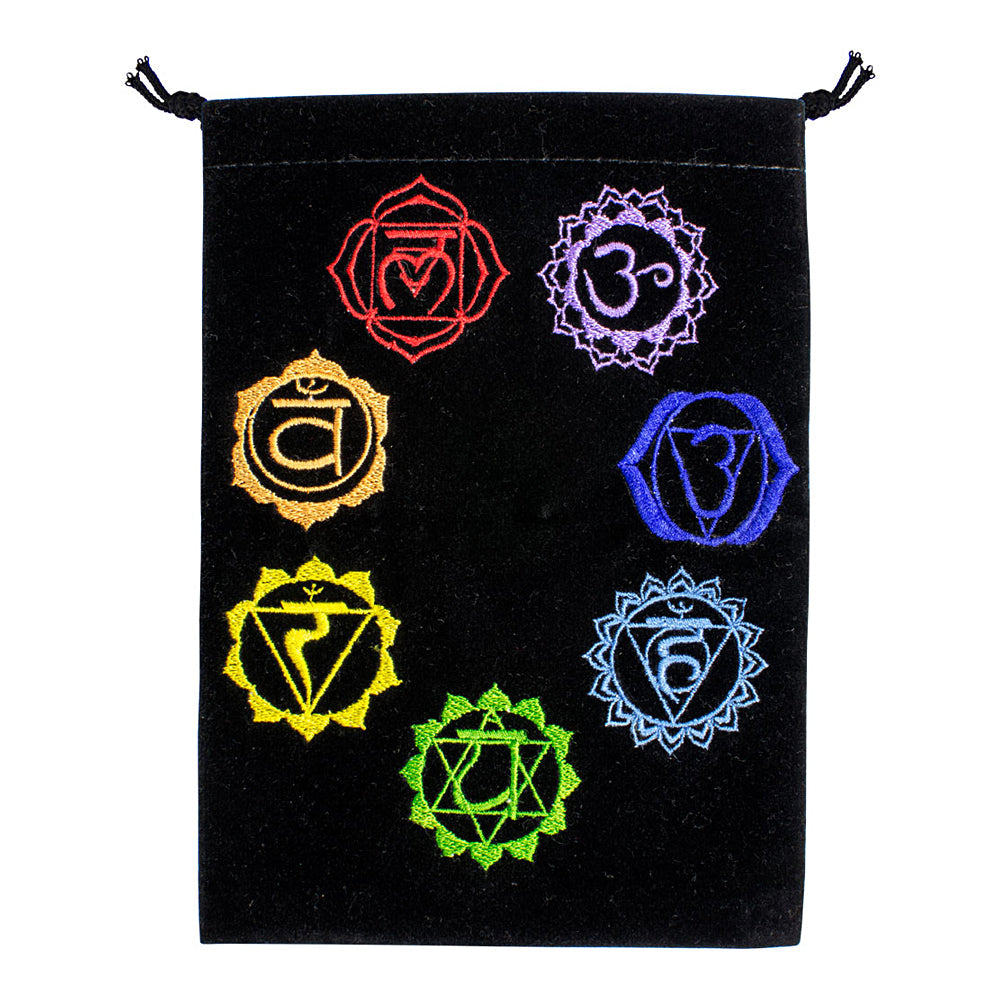 7 Chakras black velvet embroidered bag, 5 by 7 inches