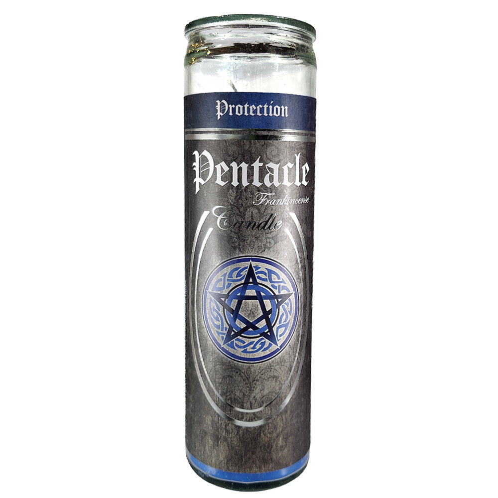 7 Day glass ritual candle, pentacle symbol, frankincense scent, 8 inches