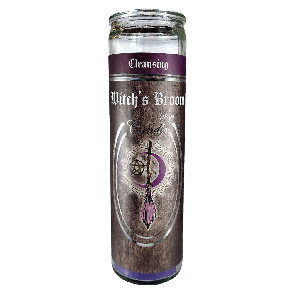7 Day Glass Ritual Candle - Witch's Broom - Sage scent, 8 inch fixed candle