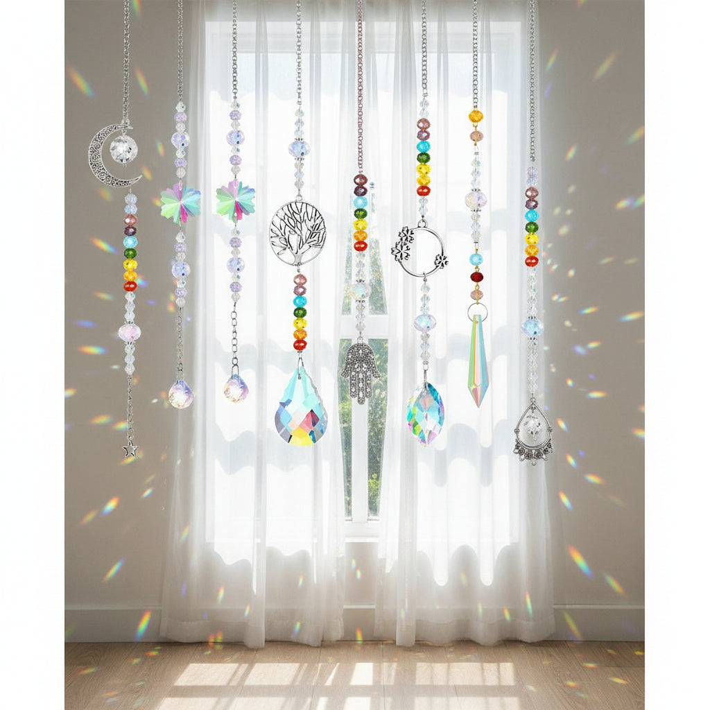 7-Piece Colorful Crystal Sun Catcher Set rainbow crystal hanging ornaments for decorating windows, catching sunlight, and creating colorful light reflections.