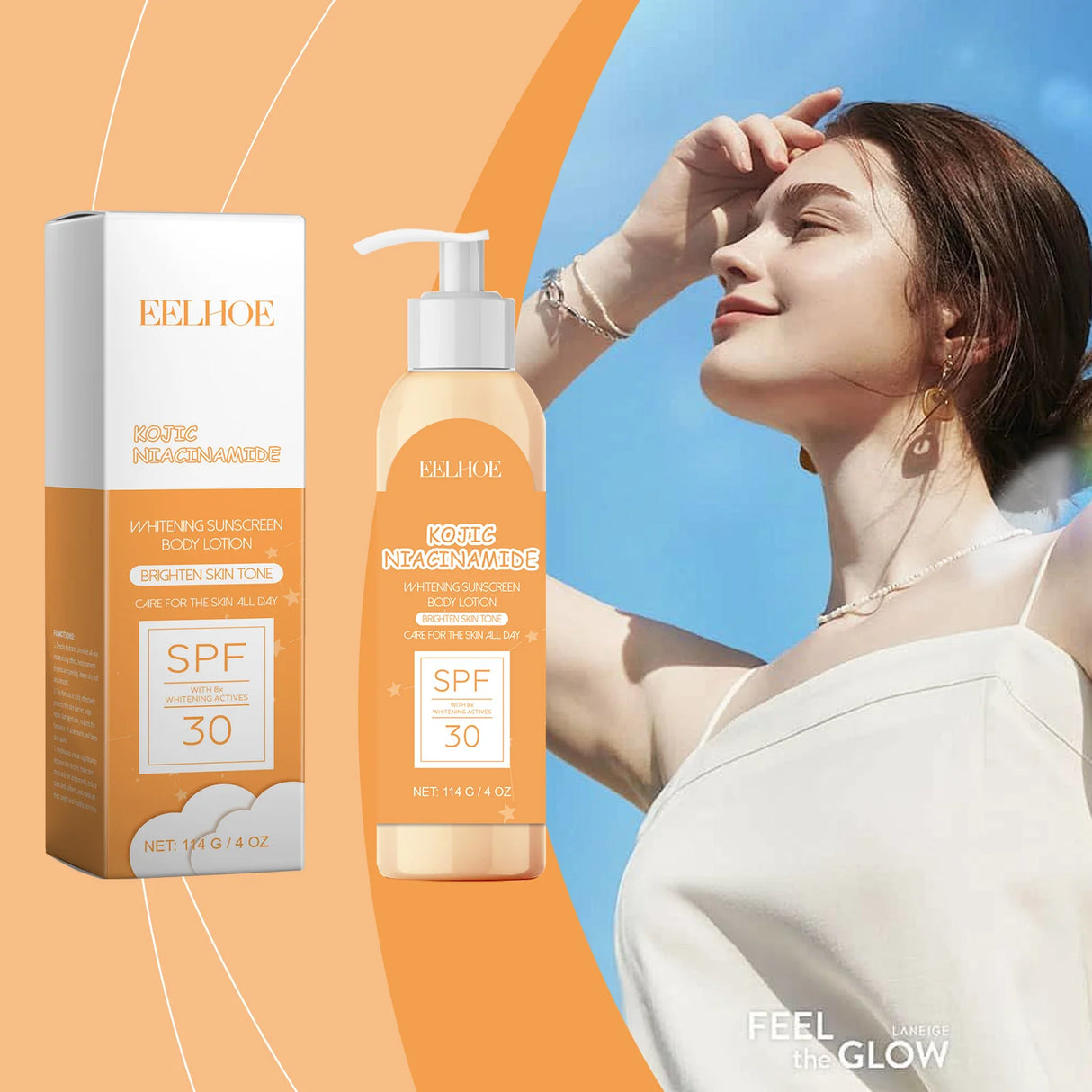 Eelhoe sunscreen bottle and packaging with a woman shielding her face against sun on an orange and blue gradient background.