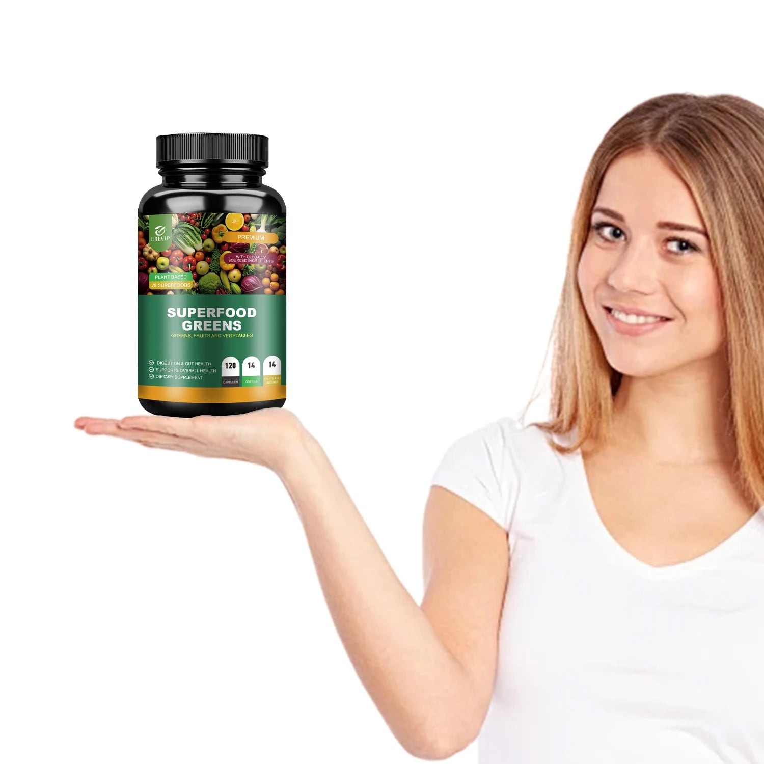 Woman holding a bottle of 'Superfood Greens' supplement on a white background