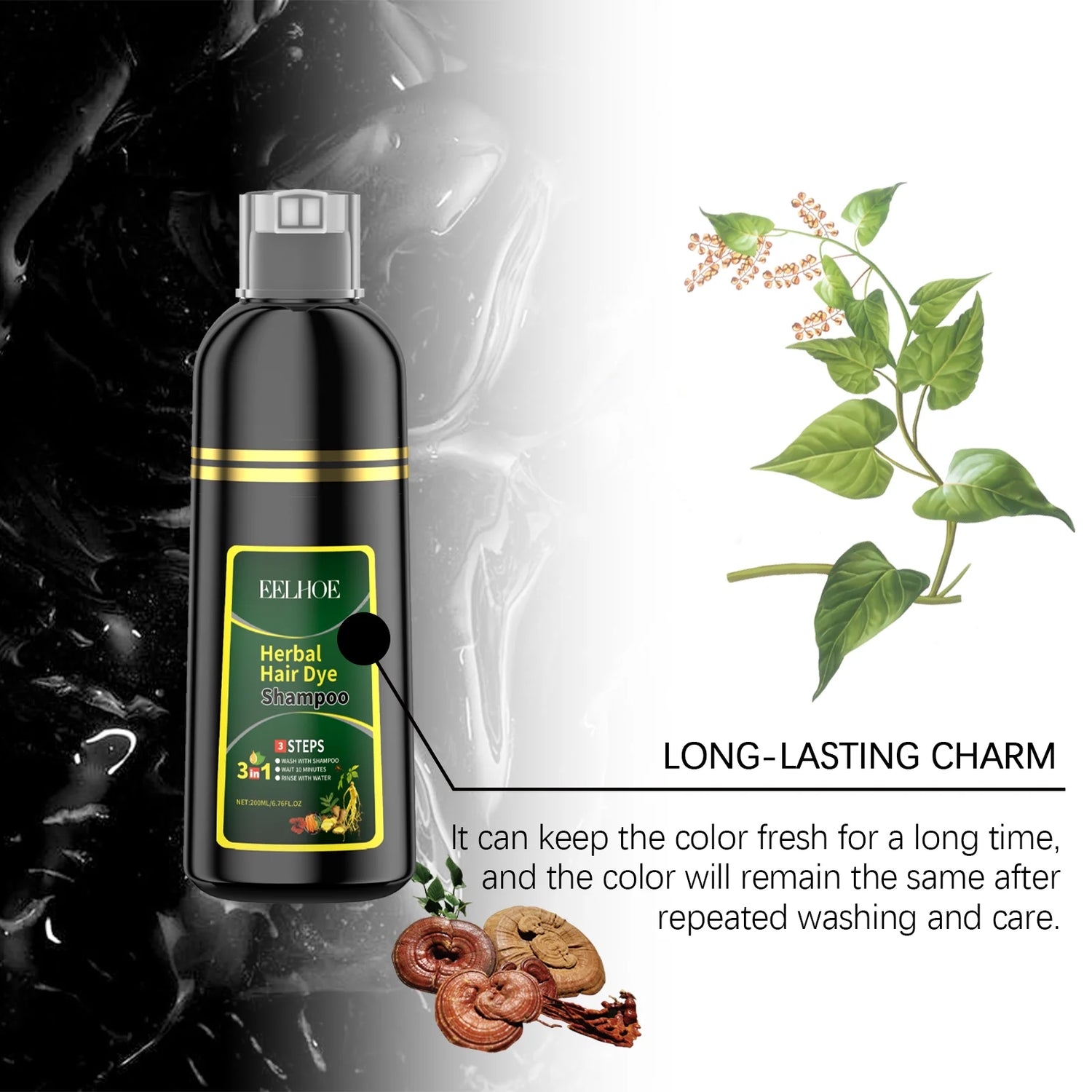 Bottle of herbal hair dye with green leaves and dried herbs on a dark background