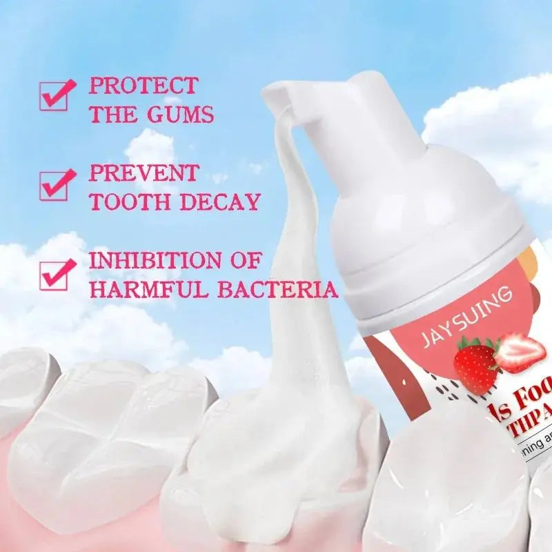 Strawberry-flavored toothpaste with text highlighting benefits against gum protection, tooth decay, and harmful bacteria.