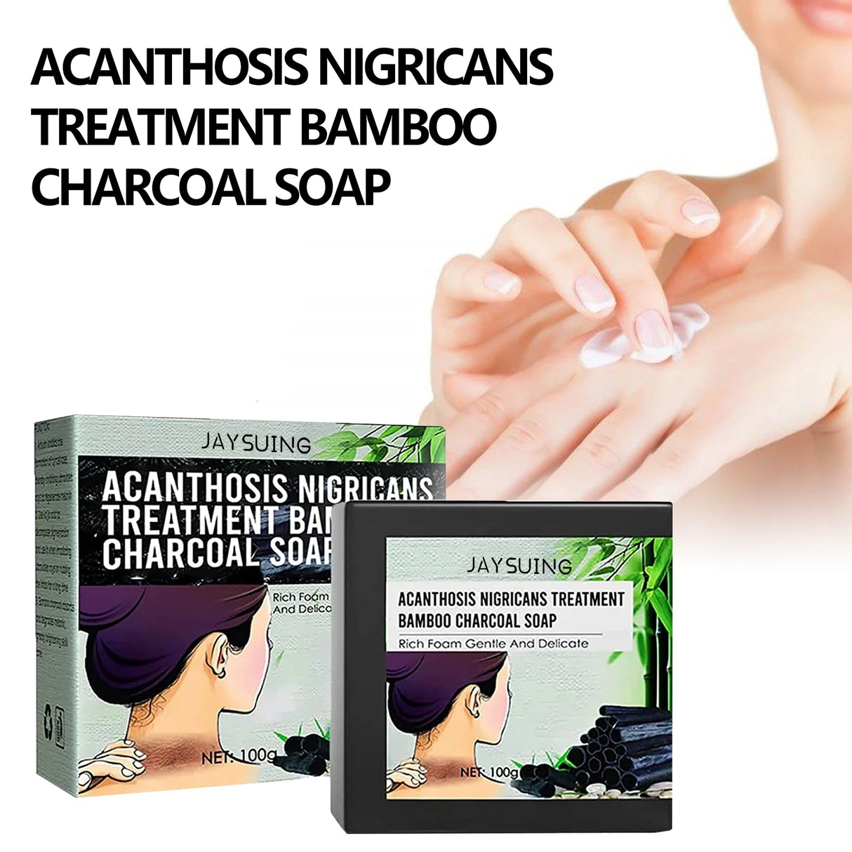 Jaysuing Acanthosis Nigricans Treatment Bamboo Charcoal Soap packaging with a close-up of hands.