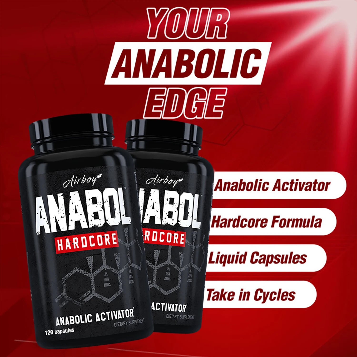Two black bottles of 'Anabol Hardcore' on a red background with promotional text.