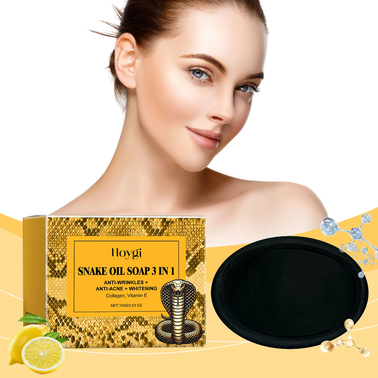 Hoygi Snake Oil Soap 3-in-1 packaging with a woman's face on a yellow background