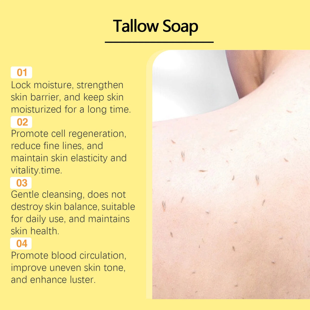 Advertisement for tallow soap with text on benefits and a close-up of skin.