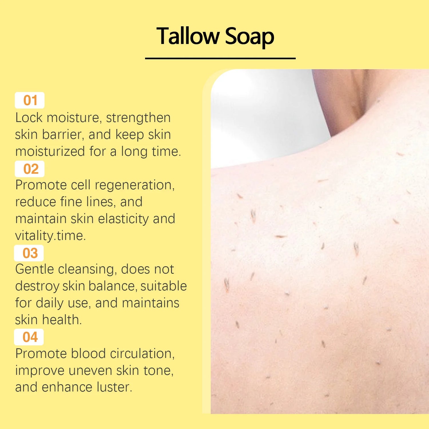 Advertisement for tallow soap with text on benefits and a close-up of skin.