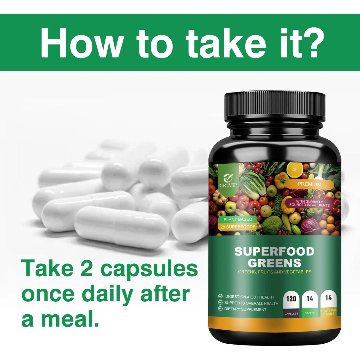 Superfood greens supplement bottle with capsules and usage instructions on a white background