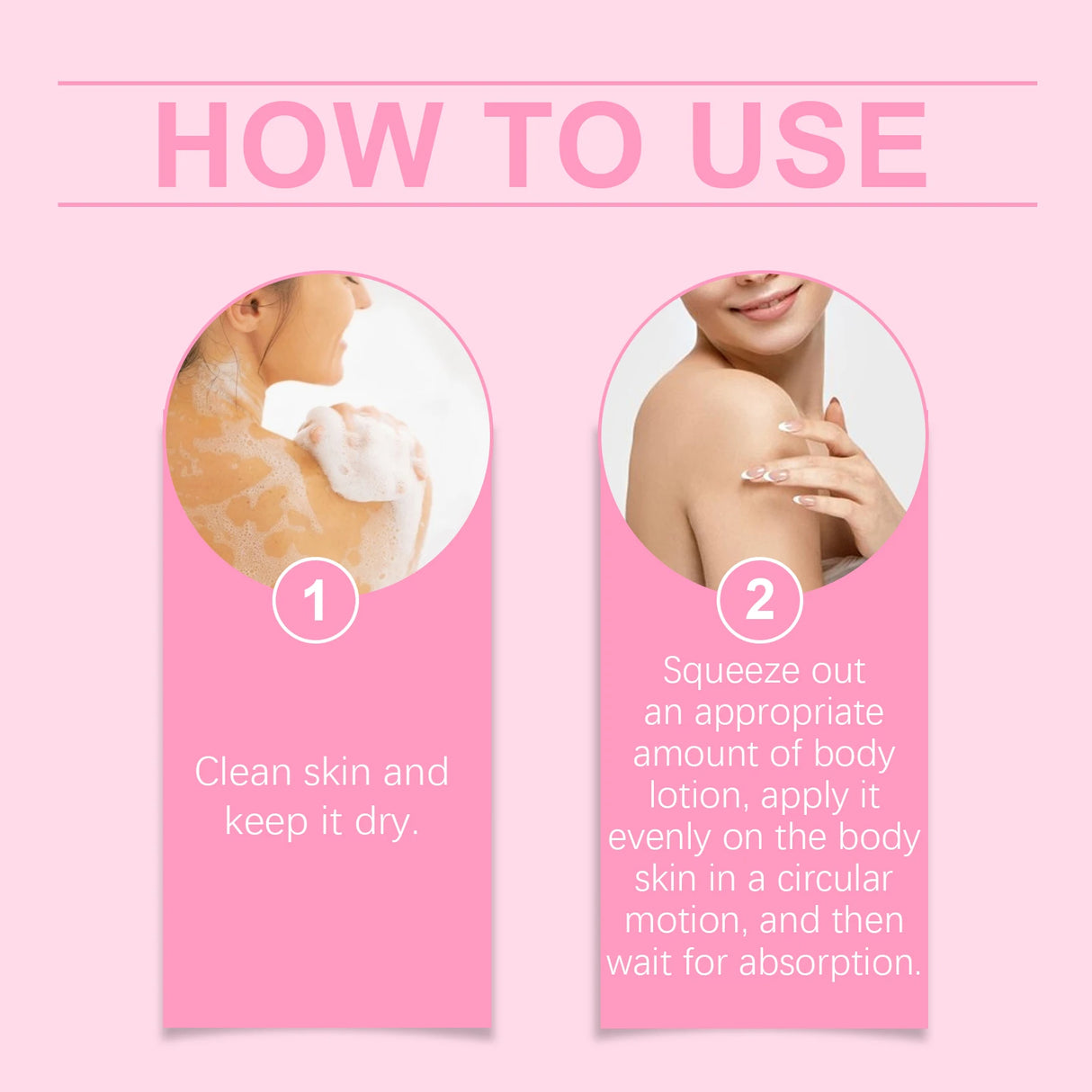 Instructions on how to use body lotion with two steps on a pink background