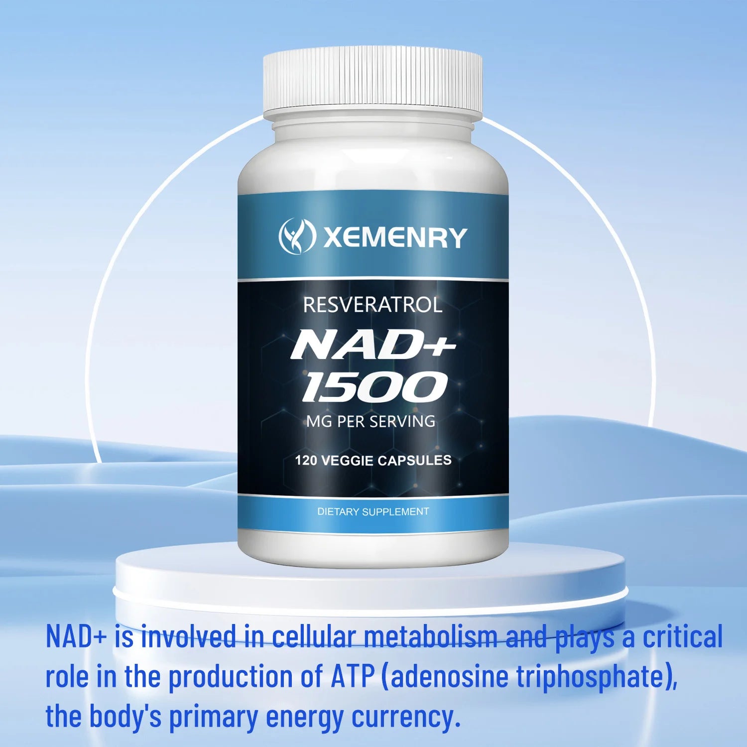 Supplement bottle labeled 'Xemenry NAD+ 1500' on a blue background