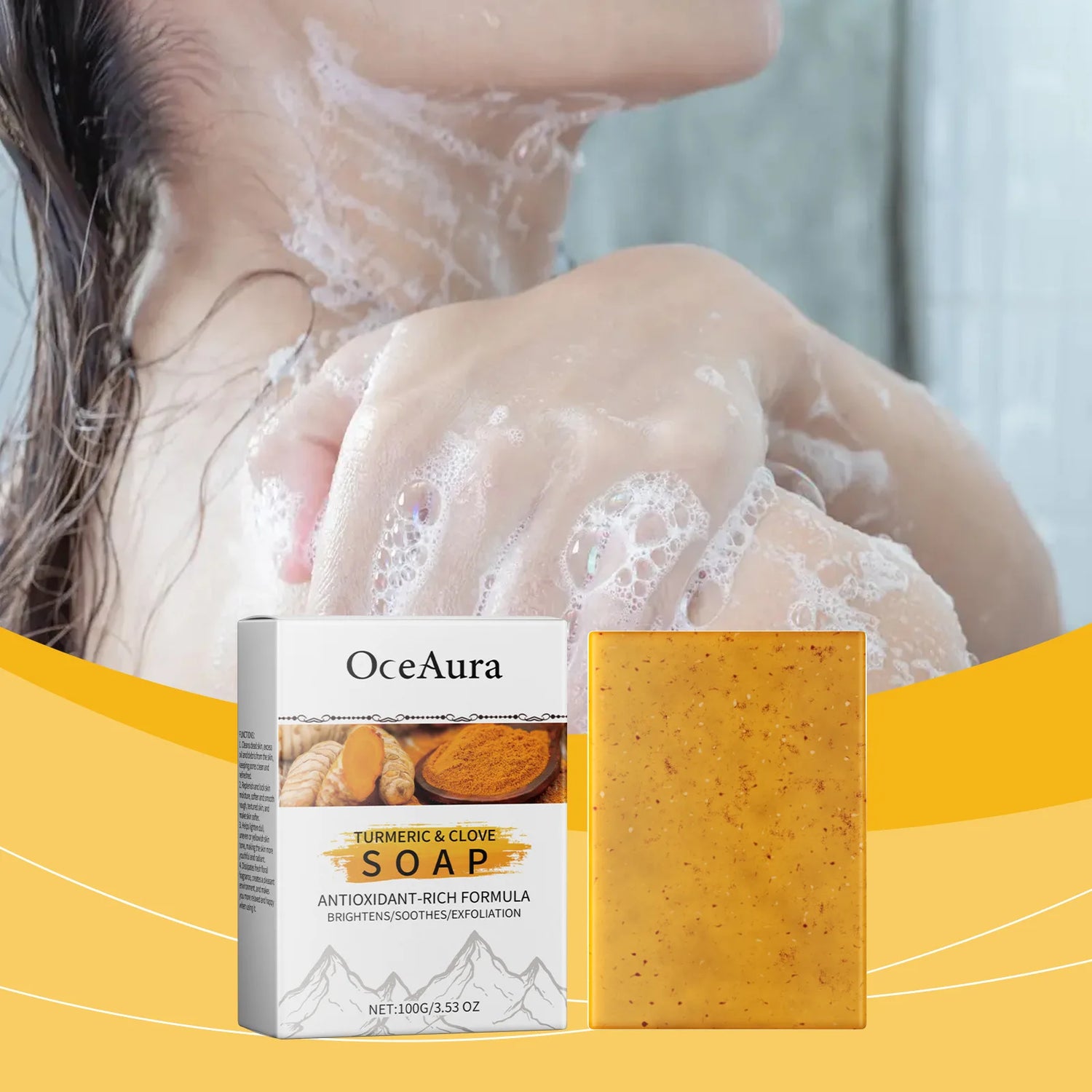 OceAura Turmeric & Clove Soap with a person washing their hands in the background