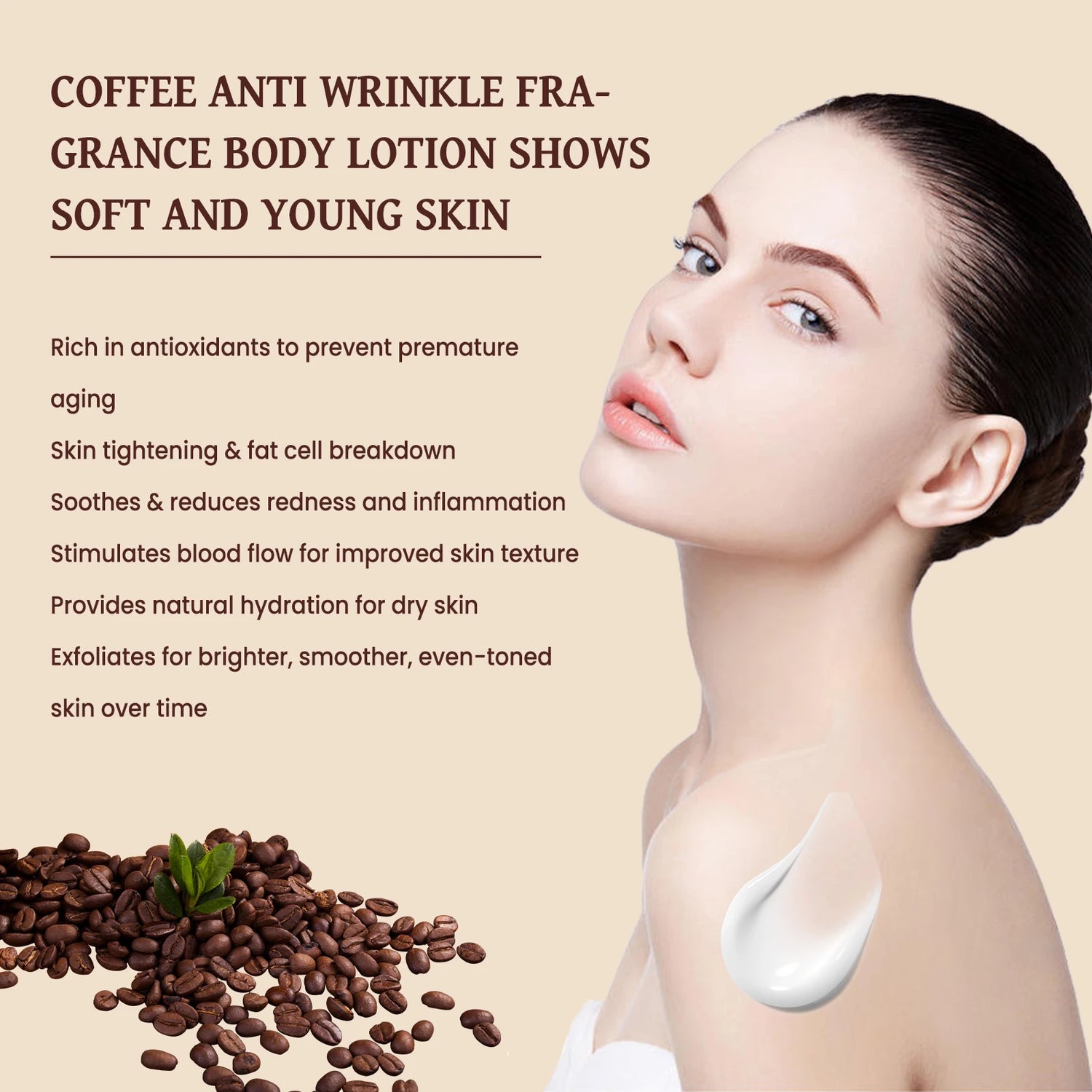 Woman with coffee anti-wrinkle lotion on shoulder, coffee beans and green leaf on beige background