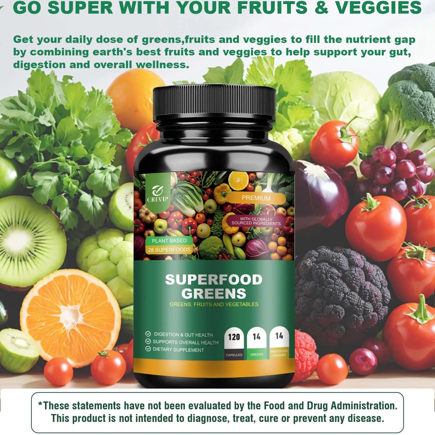 Superfood greens supplement bottle surrounded by fruits and vegetables with promotional text.