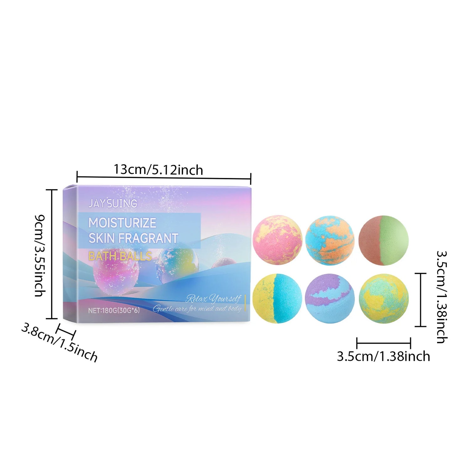 Measurement chart of a box and bath bombs with dimensions labeled.