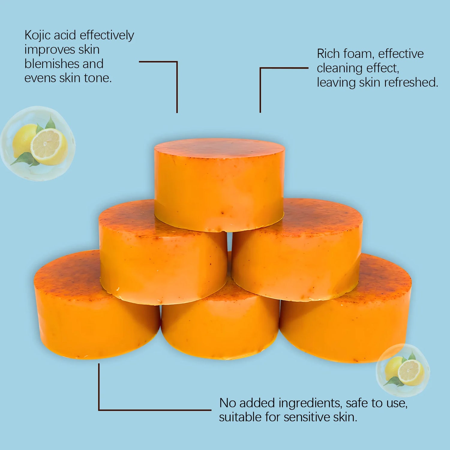 Orange soap bars stacked on a light blue background with text about skin benefits.