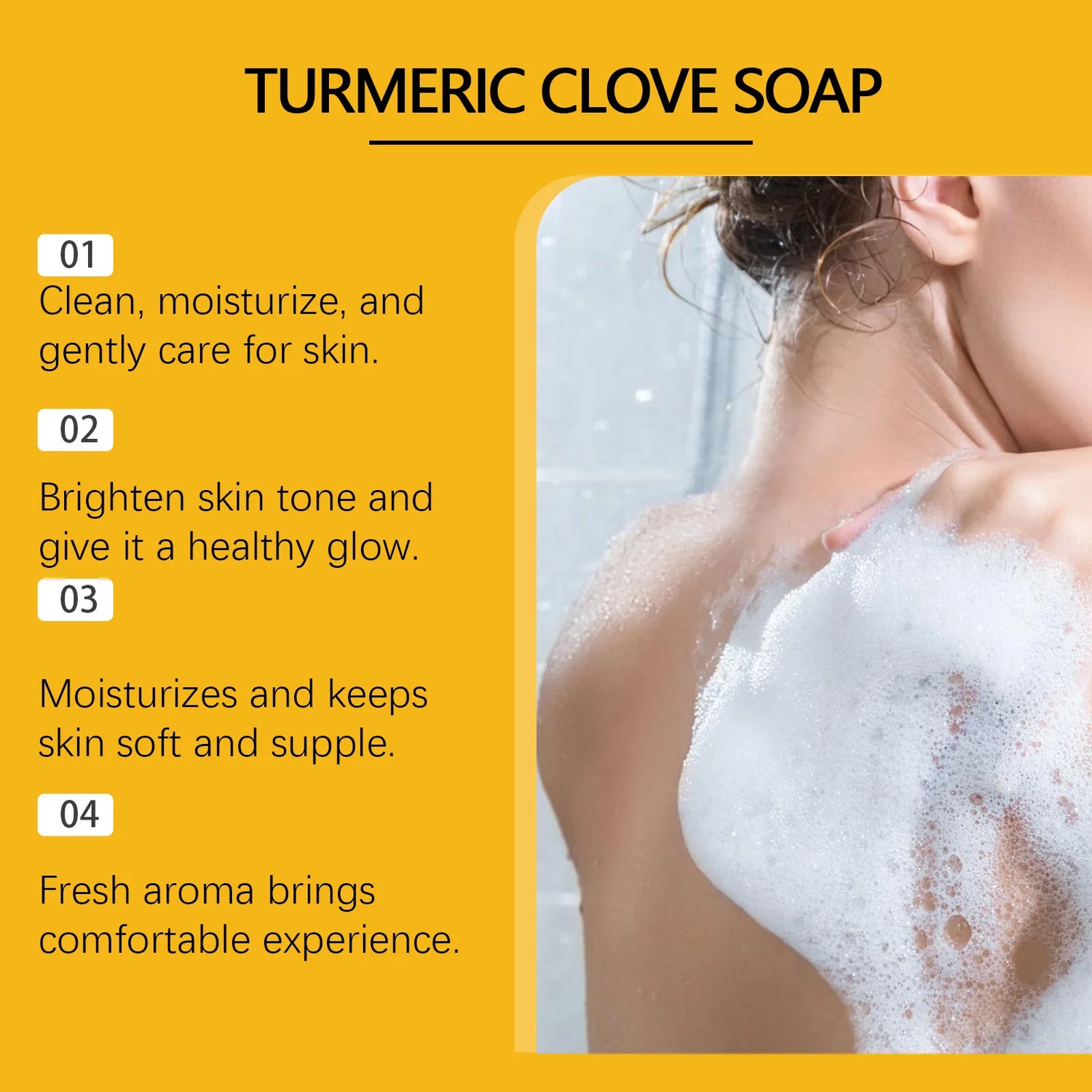 Turmeric Clove Soap advertisement with text and a person in a bath.