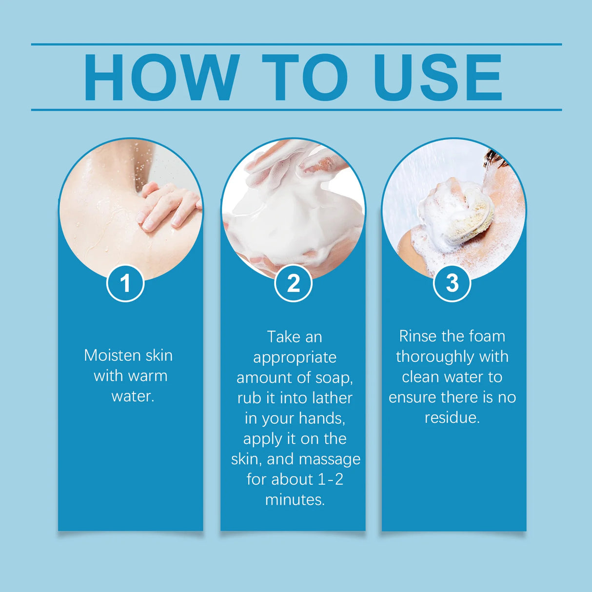Instructions on how to use soap with three steps shown on a blue background