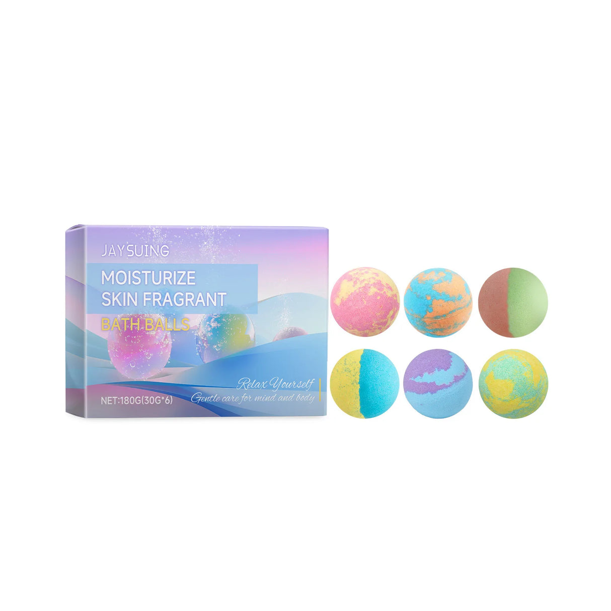 Set of colorful bath bombs with a box labeled 'Jaysuing' on a white background