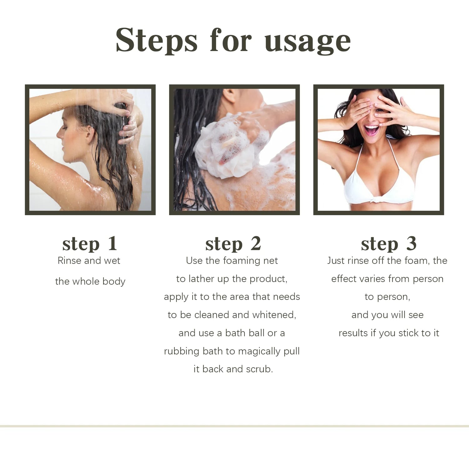 Instructions for using a product with three steps shown on a white background.