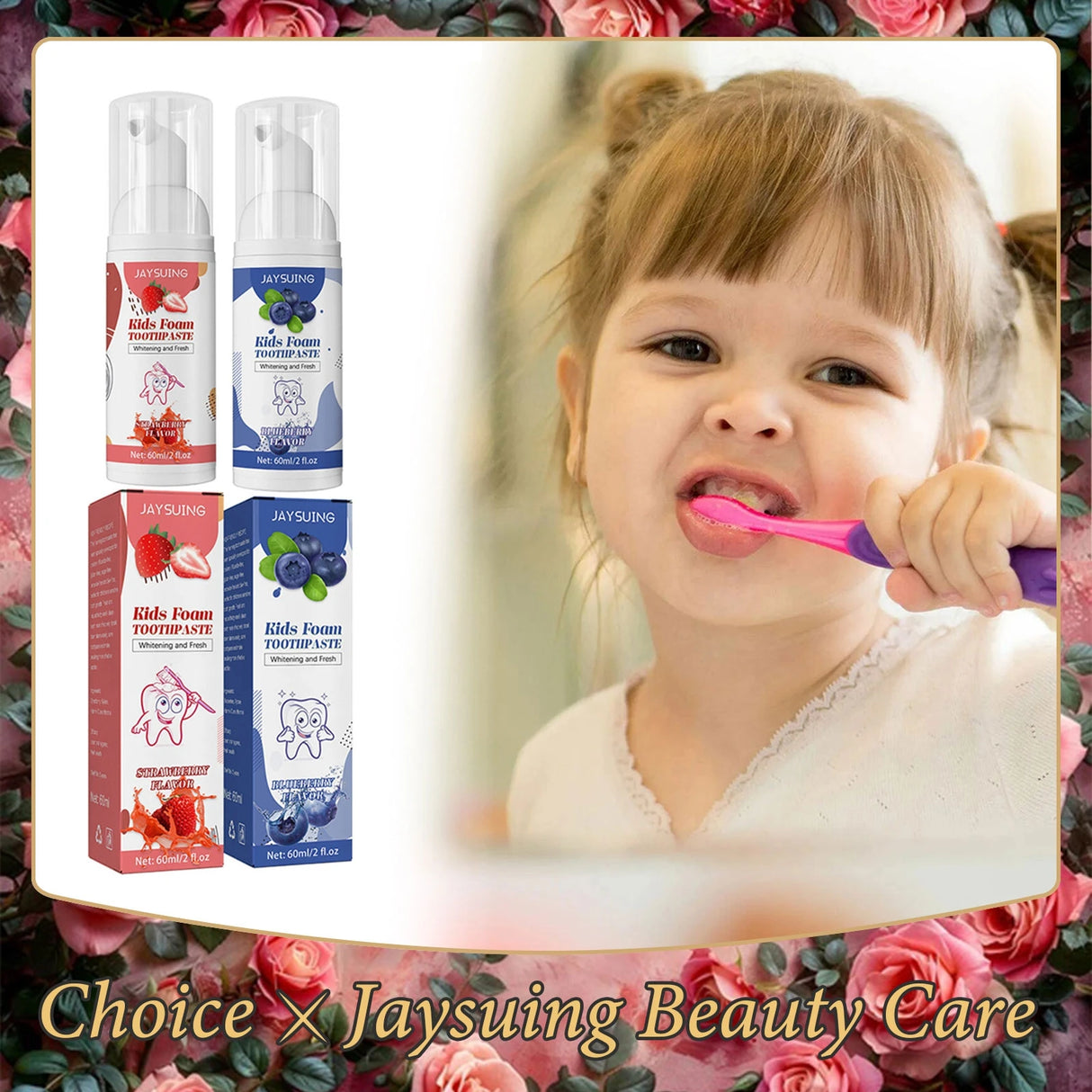 Children's toothpaste and toothbrush with a child brushing their teeth, surrounded by floral decorations.
