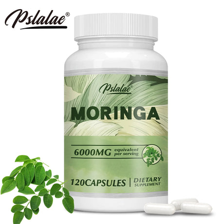 Pstlalae Moringa supplement bottle with leaves on a white background