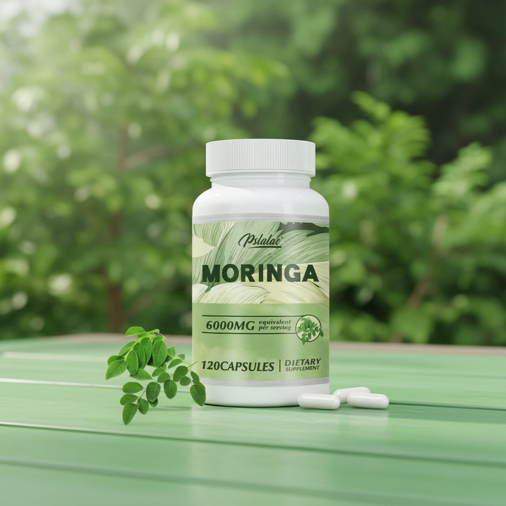 Pstlalae Moringa supplement bottle with leaves on a white background