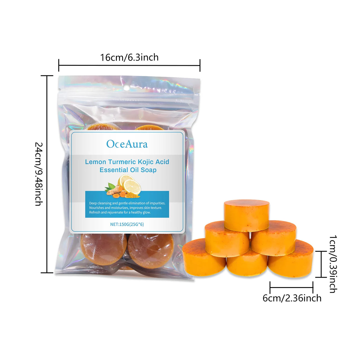 OceAura lemon turmeric kojic acid essential oil soap packaging with dimensions on a white background