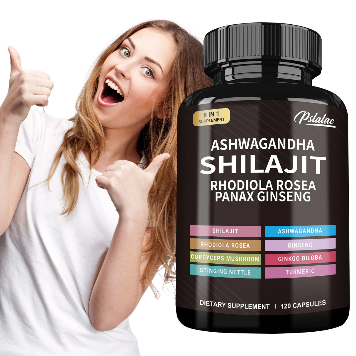 Woman pointing to a bottle of Patalac Ashwagandha Shilajit dietary supplement.
