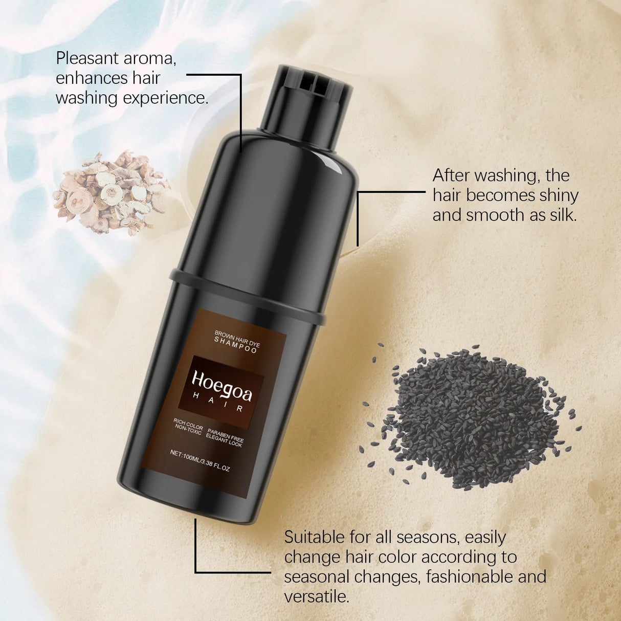 Hoegaon hair shampoo bottle with product features highlighted on a textured beige background.