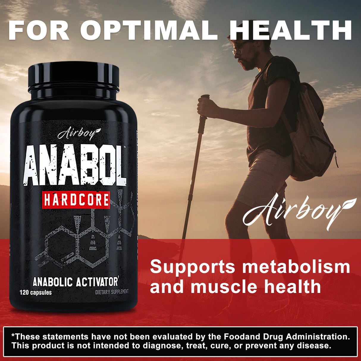 Supplement bottle labeled 'Anabol Hardcore' with a person hiking in the background, featuring text about health benefits.