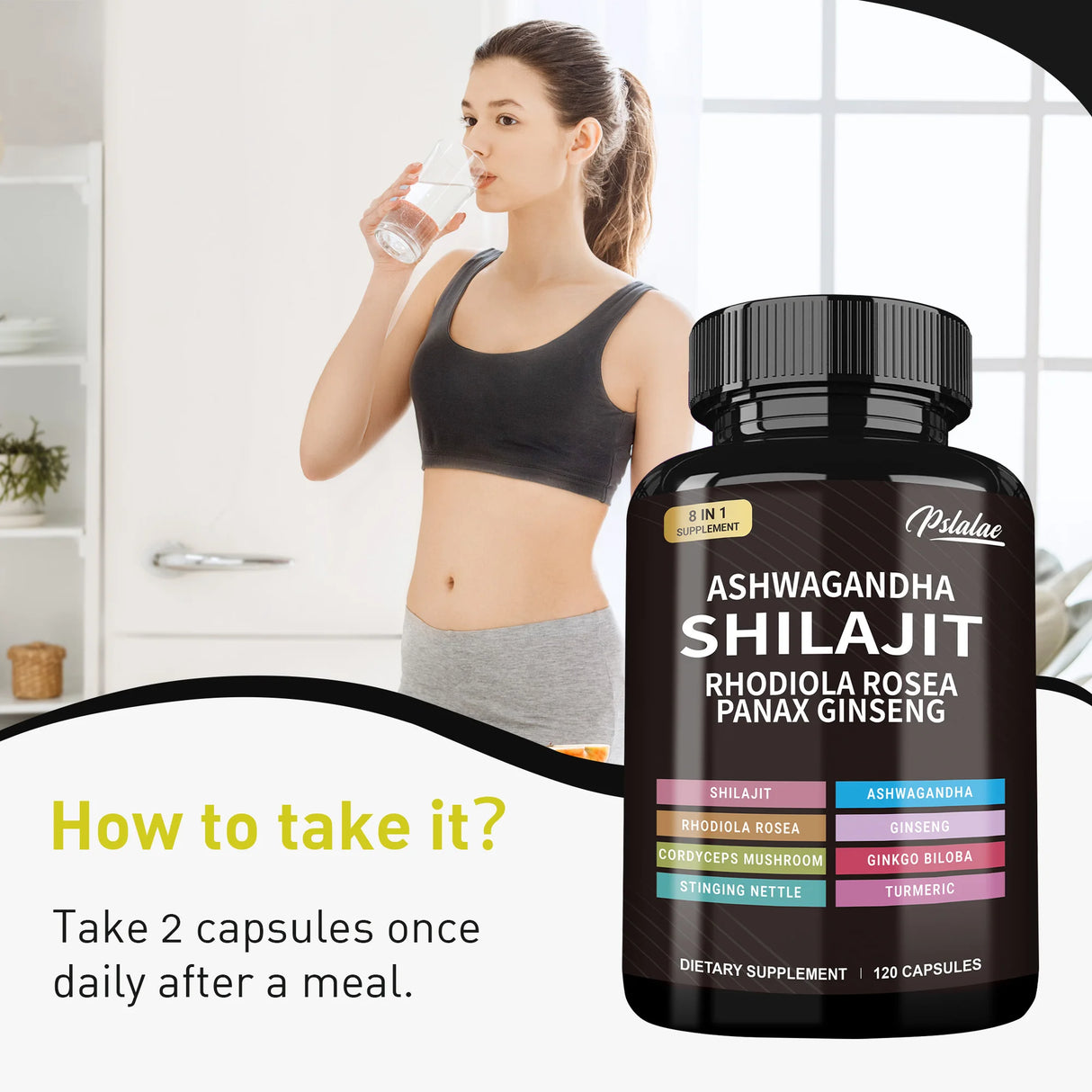 Woman in sports bra and leggings holding a bottle of dietary supplement with text on how to take it.