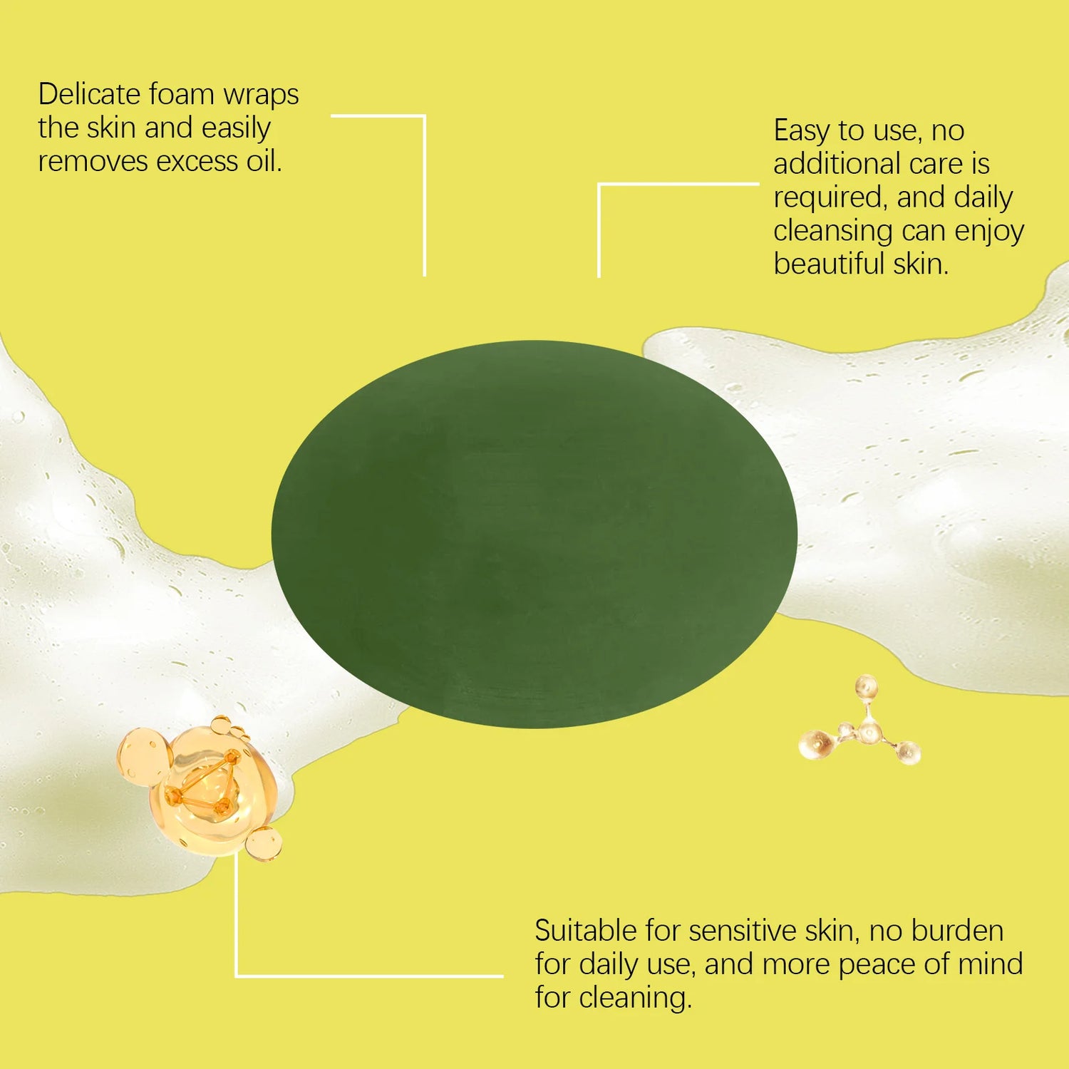 Product advertisement with text about a cleansing product on a yellow background