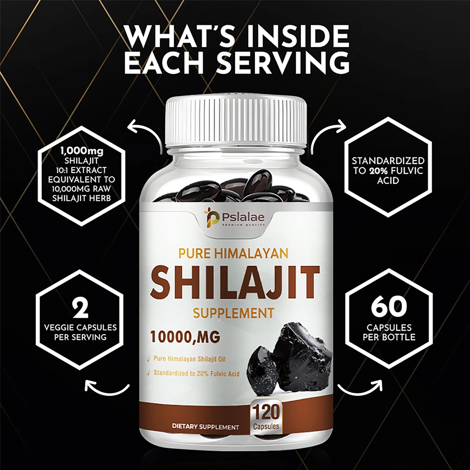 Psalaa Pure Himalayan Shilajit supplement bottle with nutritional information on a black background