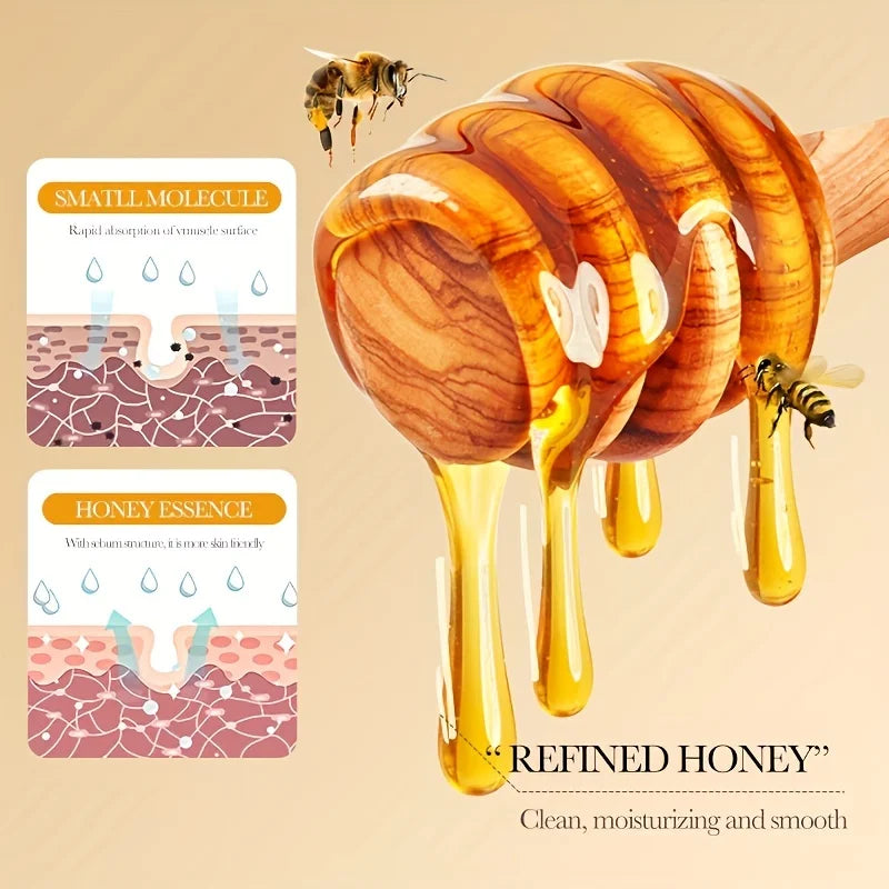 Honeycomb with honey dripping, bees, and text about refined honey on a beige background