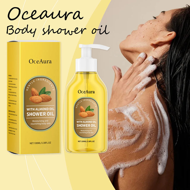 OceAura body shower oil with packaging and a person using it on their neck.