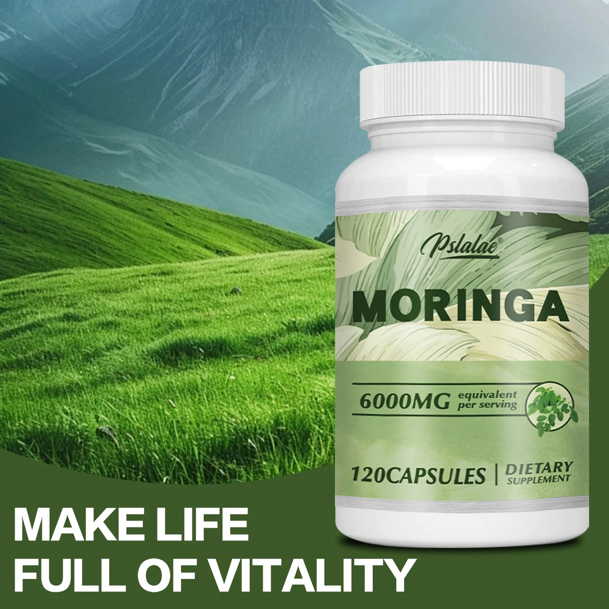 Moringa supplement bottle with green field background