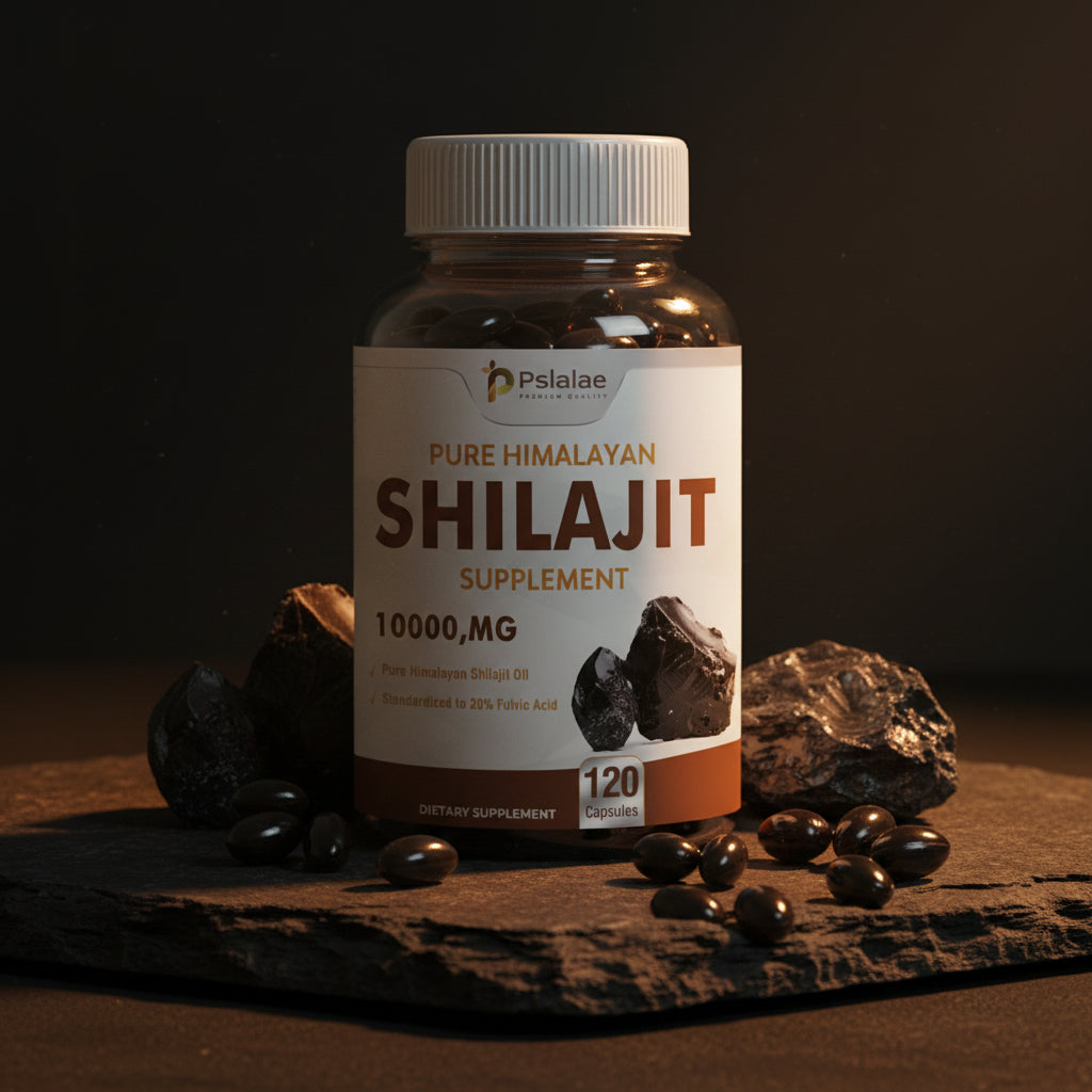 Bottle of Pslalae Pure Himalayan Shilajit Supplement with black stones on a white background