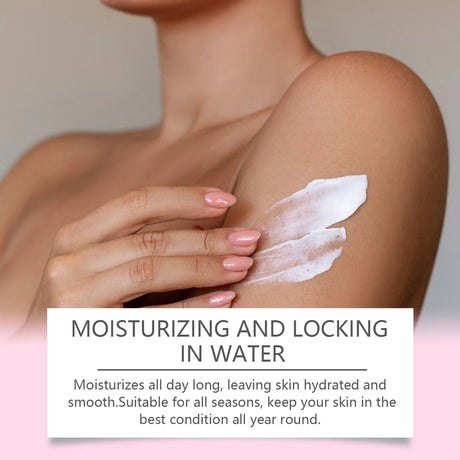Hand applying cream to shoulder with text about moisturizing and locking in water