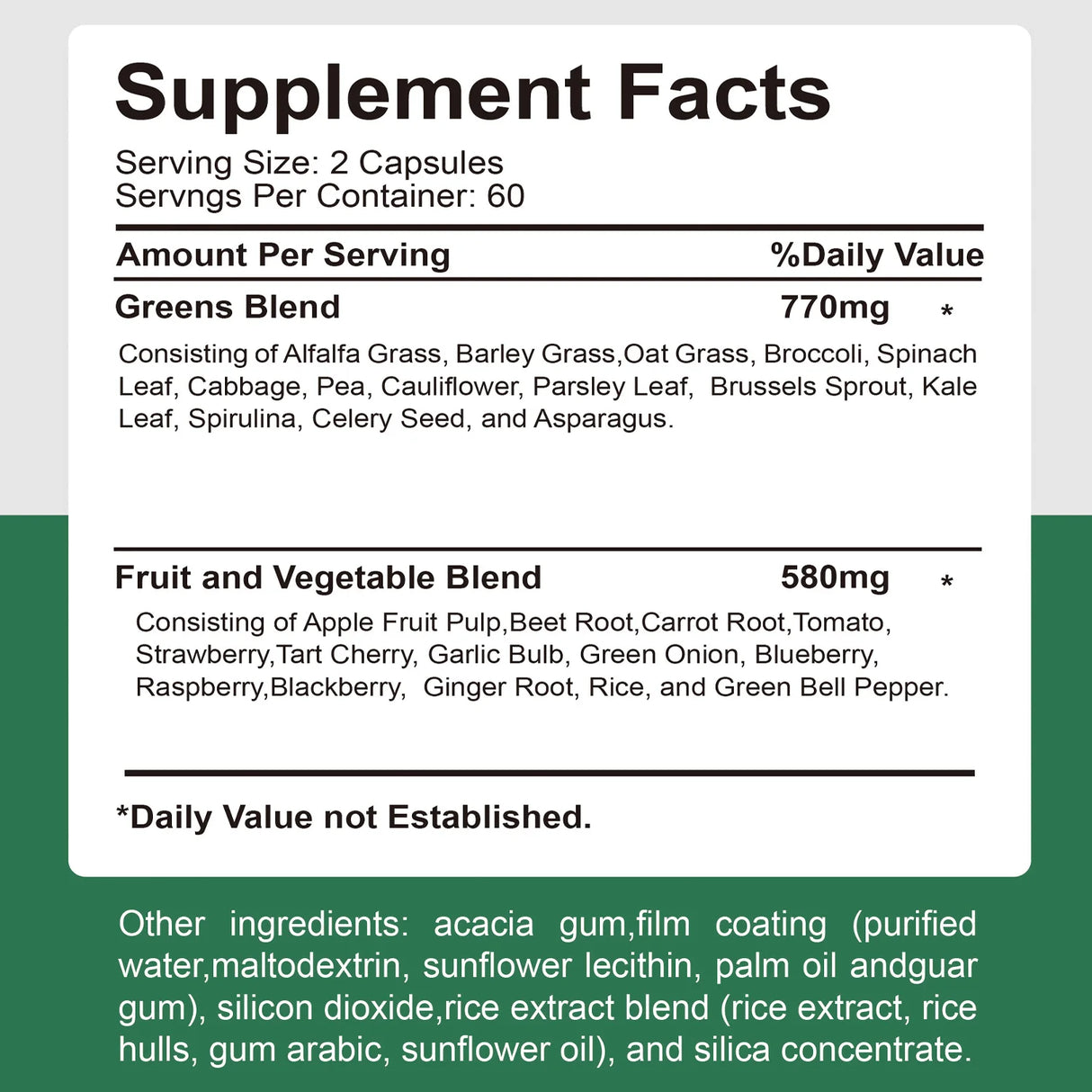 Supplement facts label with greens and fruit/vegetable blends on a white background