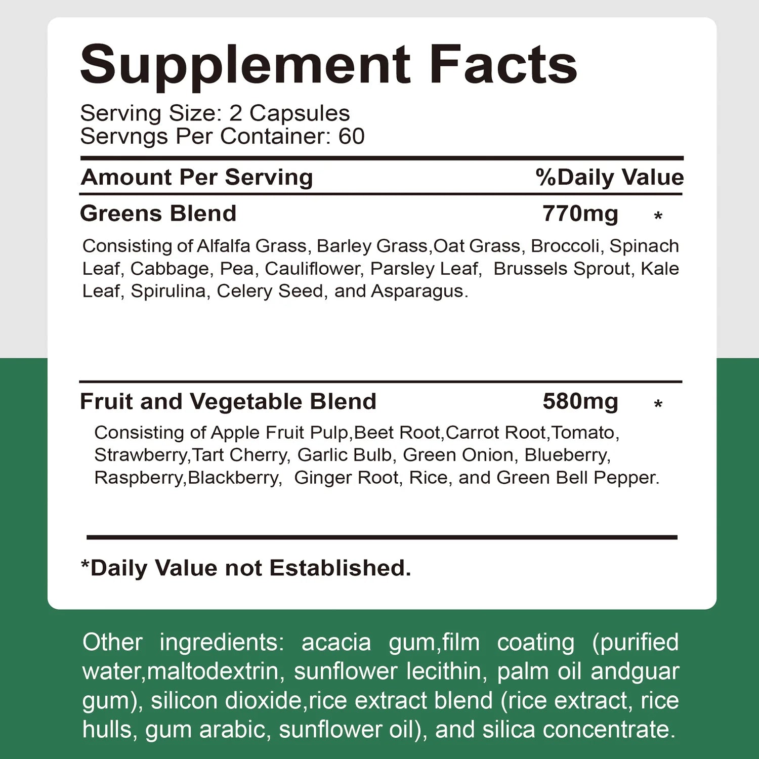 Supplement facts label with greens and fruit/vegetable blends on a white background