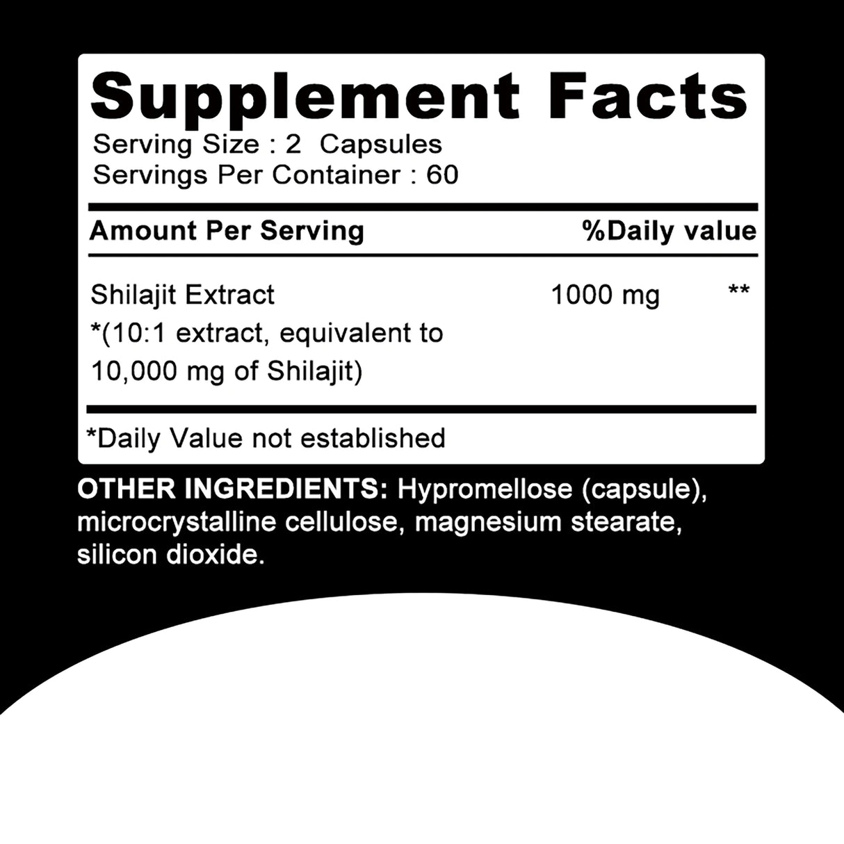 Supplement facts label for Shilajit Extract on a black background