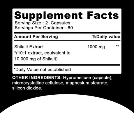 Supplement facts label for Shilajit Extract on a black background
