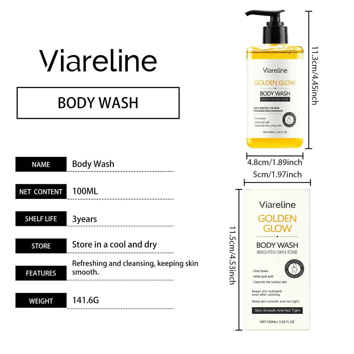 Viareline Golden Glow Body Wash with dimensions and product details on a white background