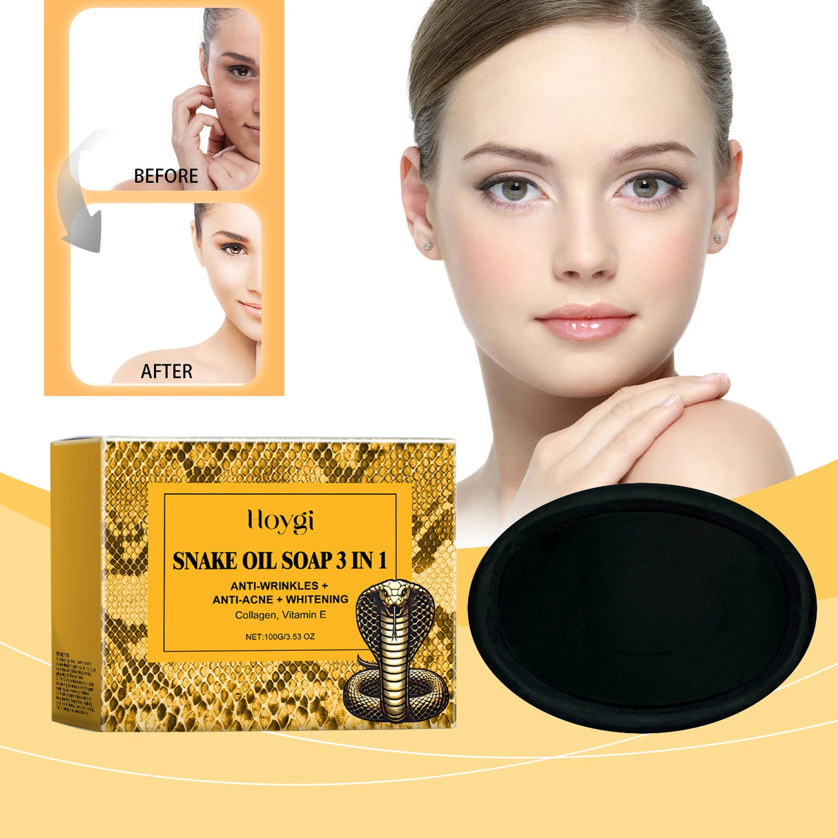 Hoygi Snake Oil Soap 3 in 1 packaging with a woman's face and black soap bar on a yellow background